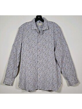 Luigi Borrelli Blue Brown Floral Cotton Men Dress Shirt Button Up Chest 24.5 In.